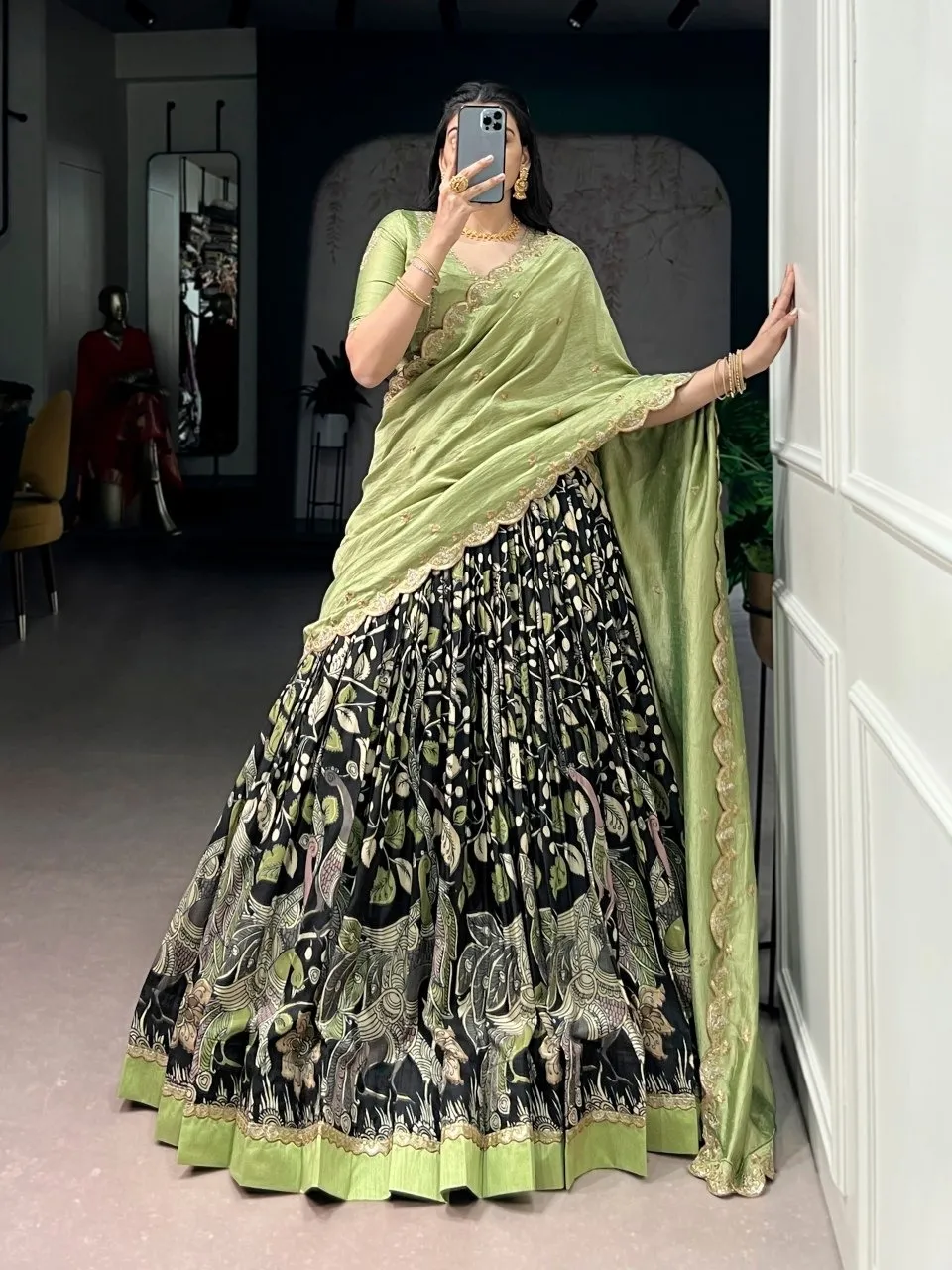 Kalamkari Printed Black Lehenga Choli Set