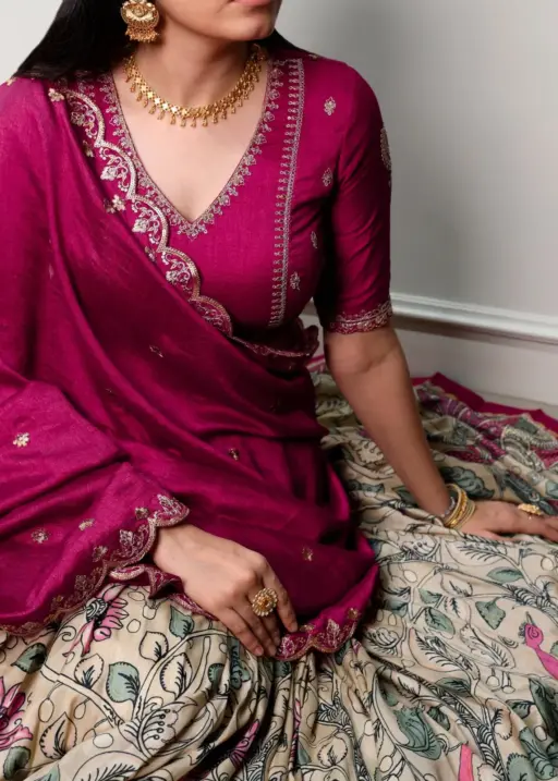 Kalamkari Printed Creme Lehenga Blouse