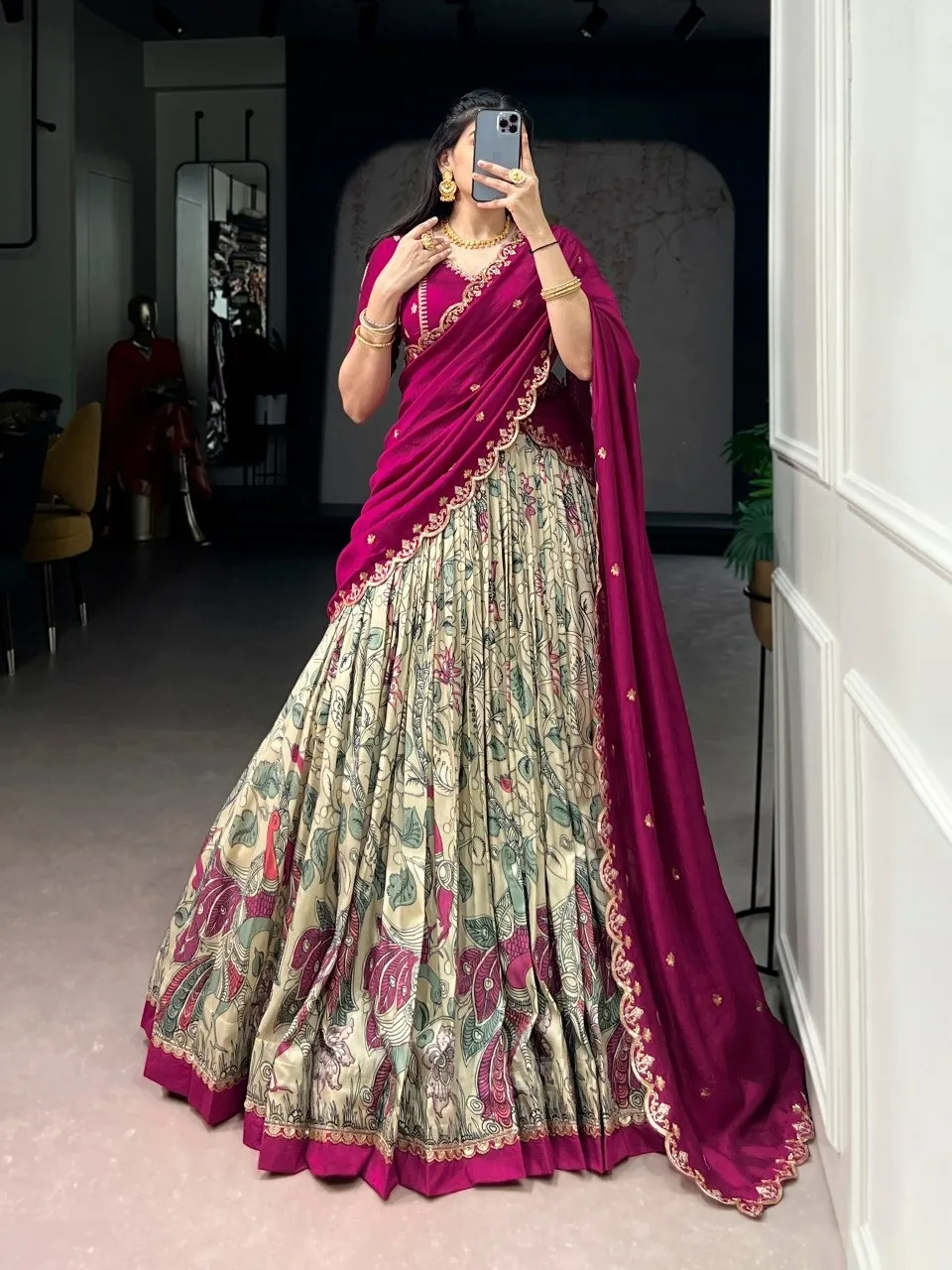 Kalamkari Printed Creme Lehenga Blouse