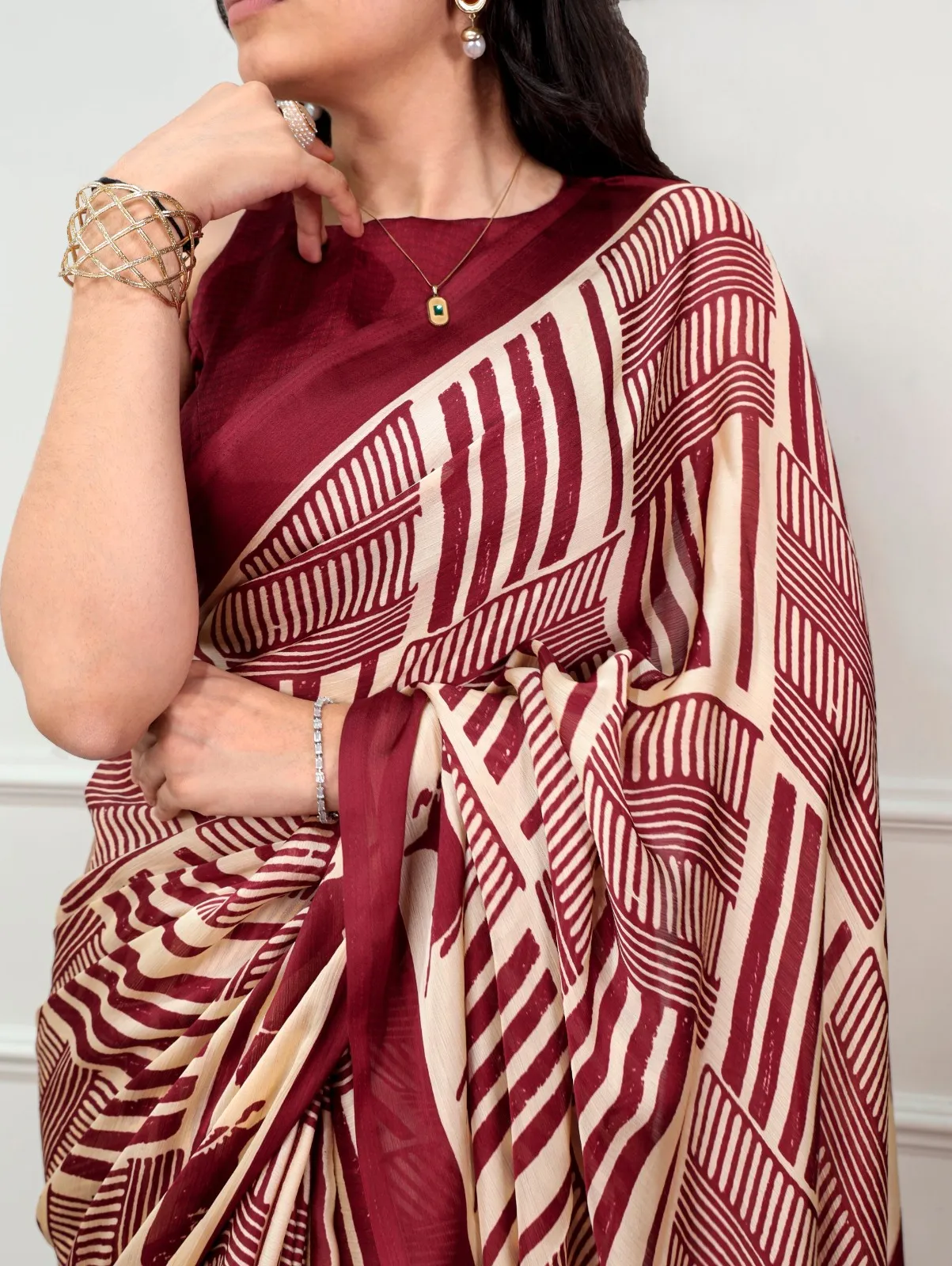 Maroon Cream Printed Designer Saree
