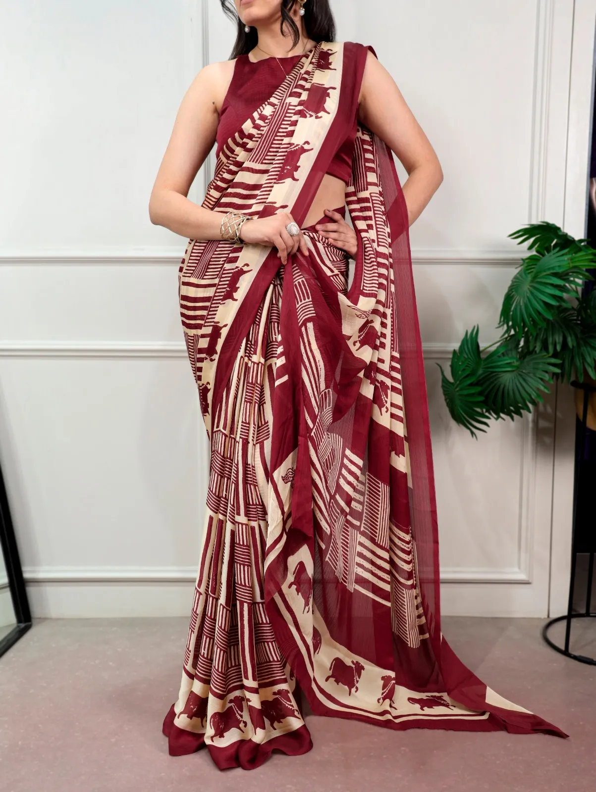Maroon Cream Printed Designer Saree