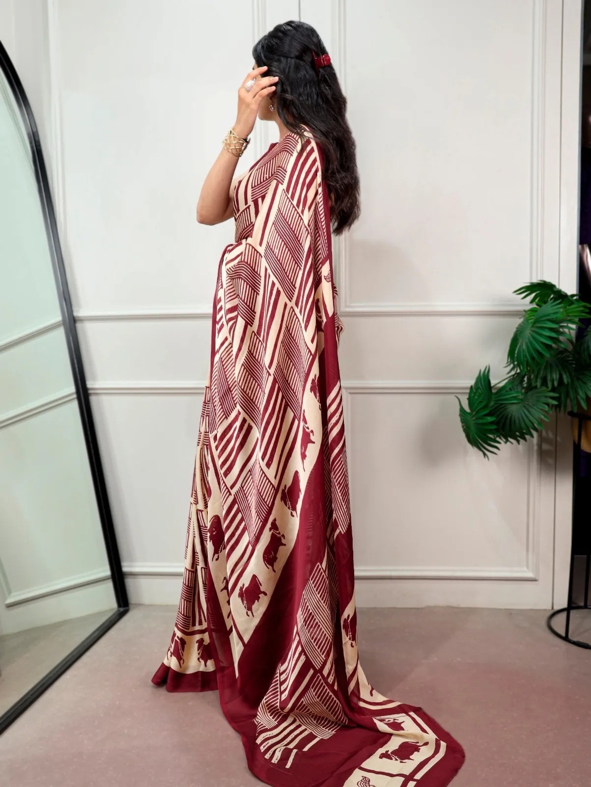 Maroon Cream Printed Designer Saree