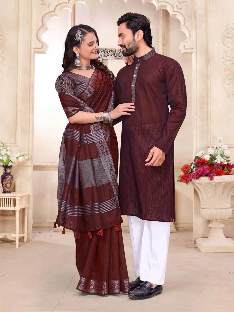Maroon Linen Couple Combo unstitched saree with kurta set matching ethnic wear for couples