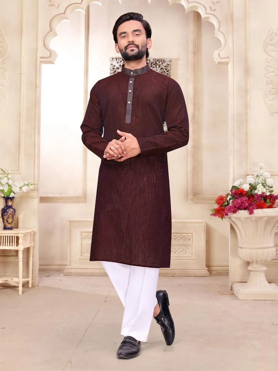 Maroon Linen Couple Combo Saree with Kurta Set