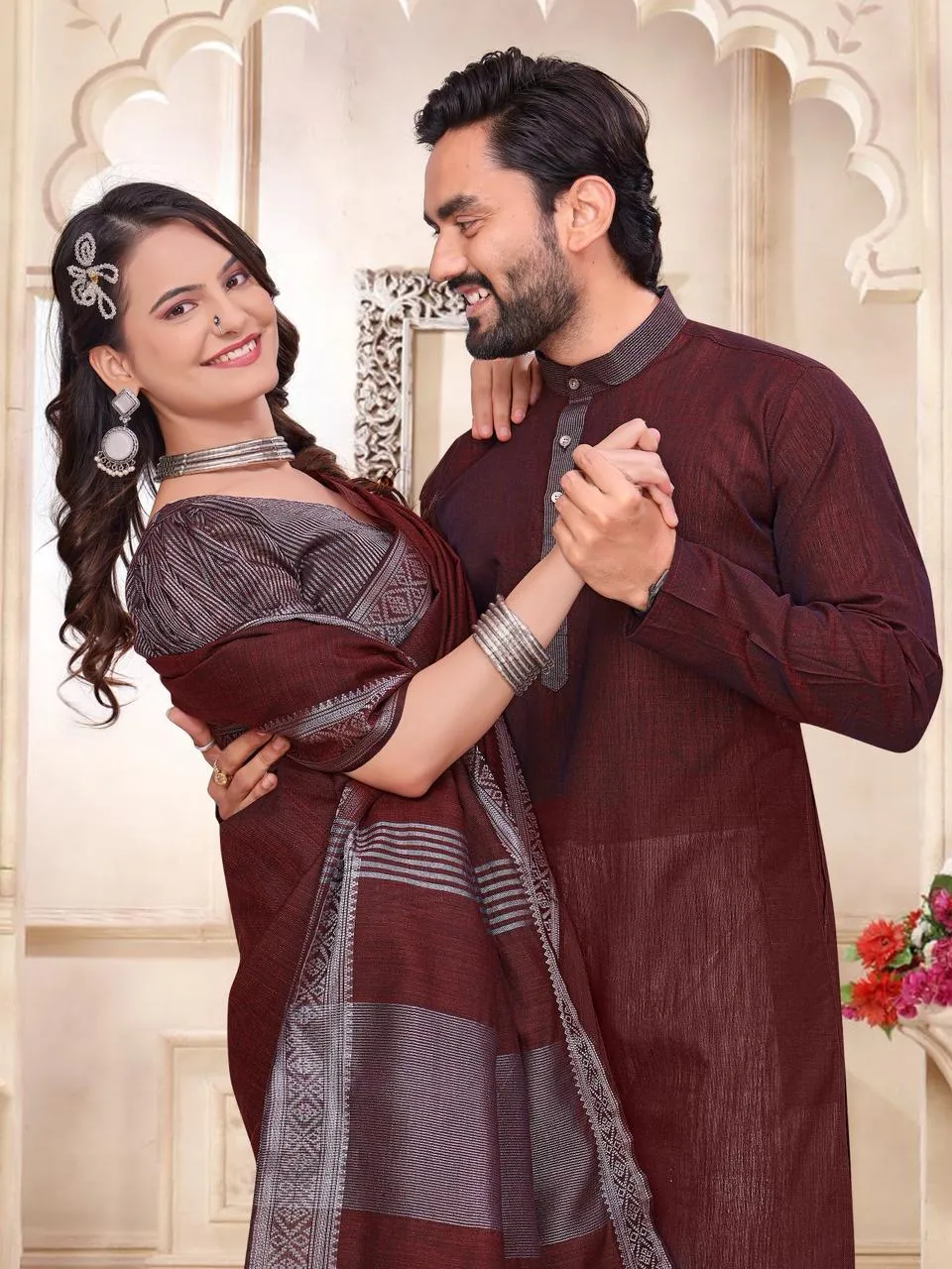 Maroon Linen Couple Combo Saree with Kurta Set