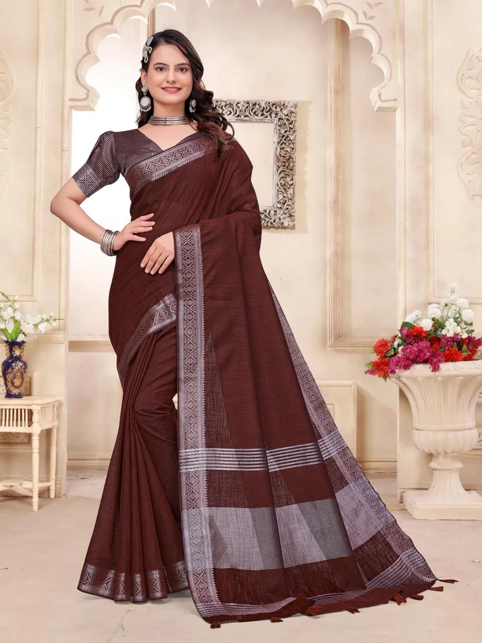 Maroon Linen Couple Combo Saree with Kurta Set