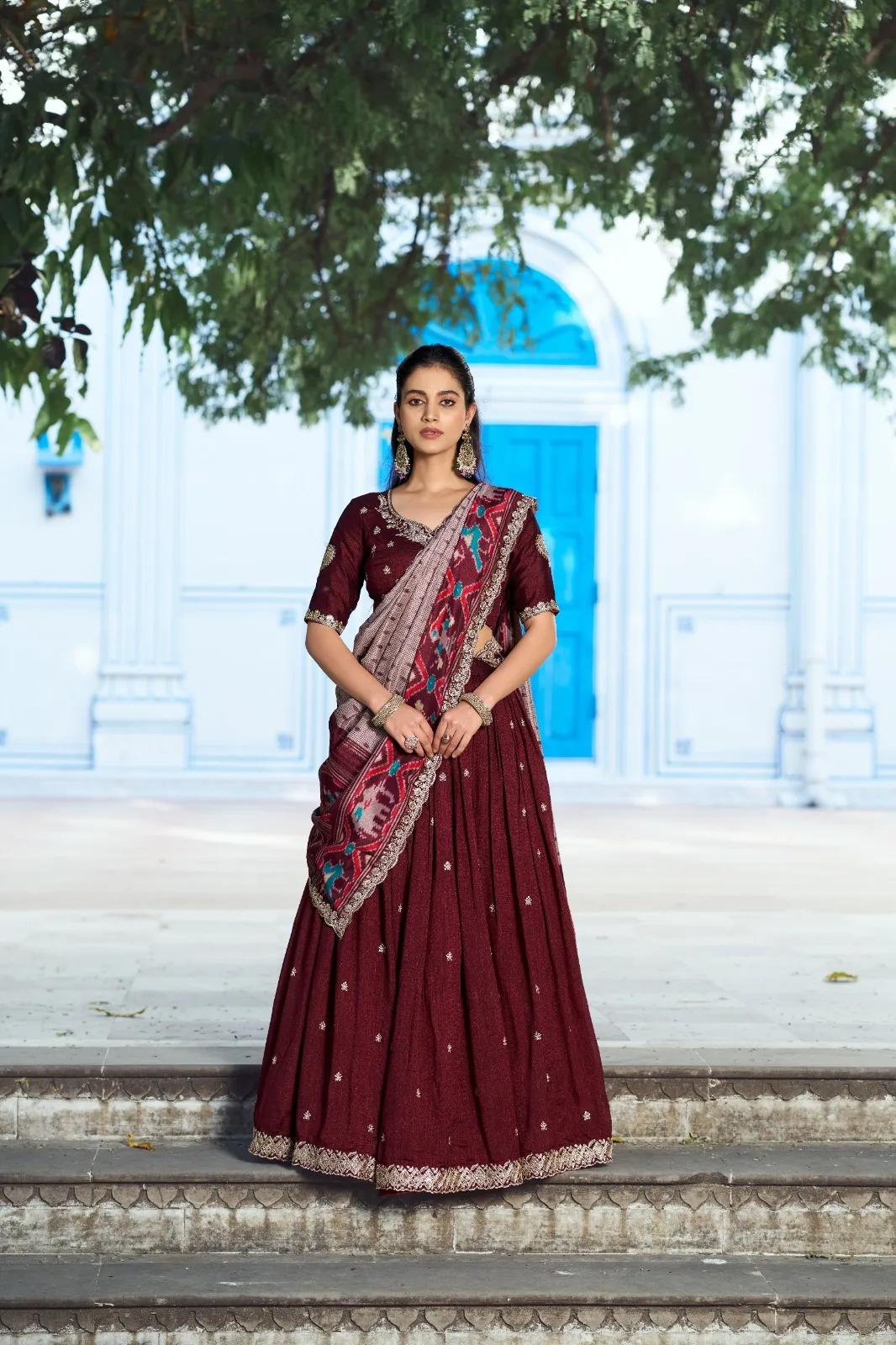 Maroon Premium Lehenga Choli with Ikkat Dupatta