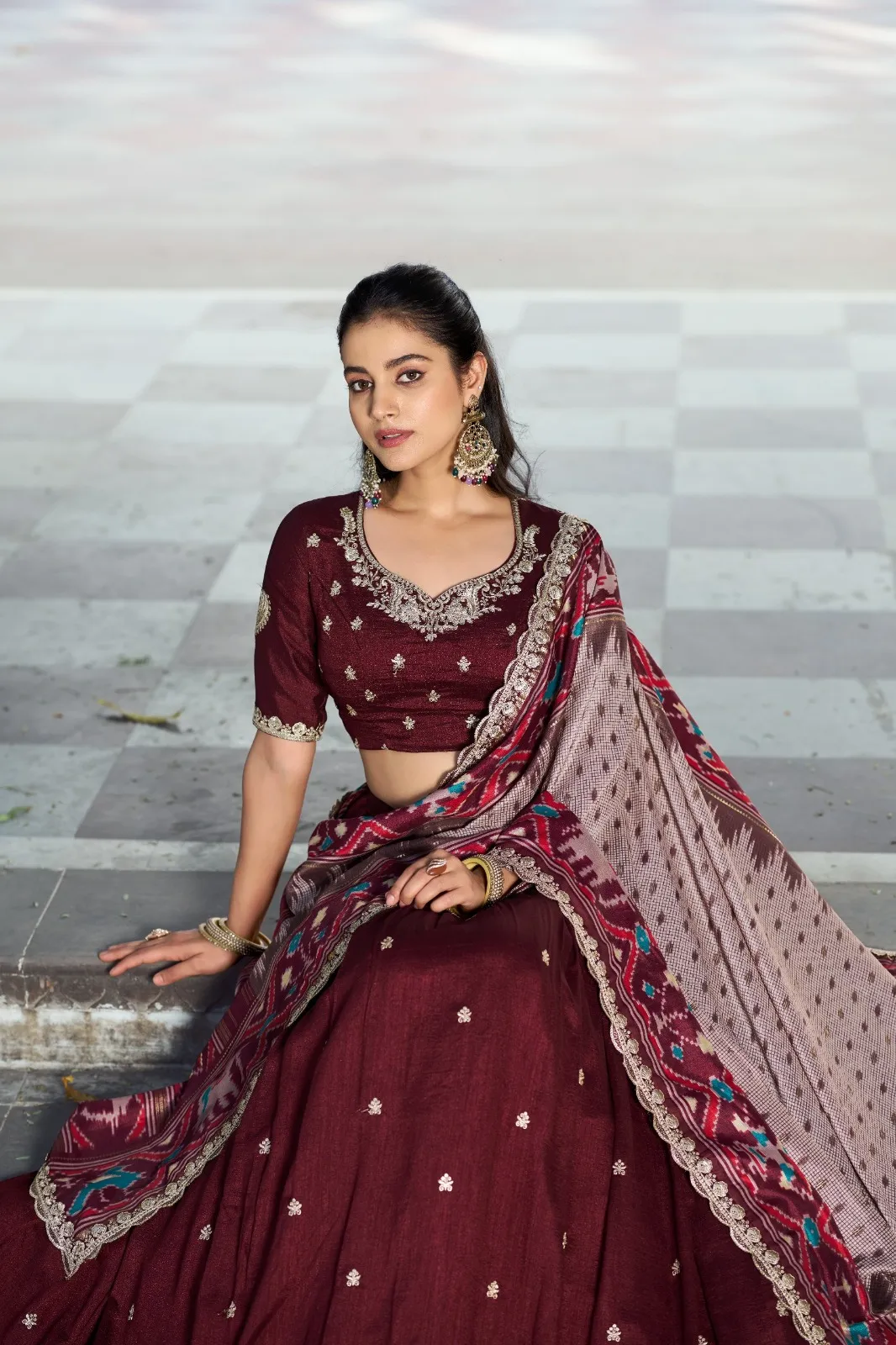 Maroon Premium Lehenga Choli with Ikkat Dupatta