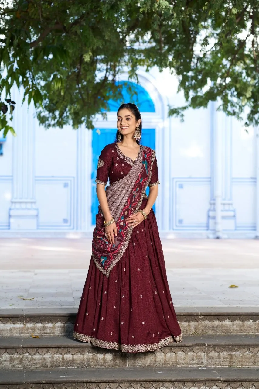 Maroon Premium Lehenga Choli with Ikkat Dupatta