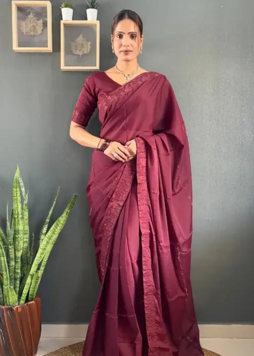 Maroon ready to wear Swarovski saree with waist belt pre stitched pleats party wear saree