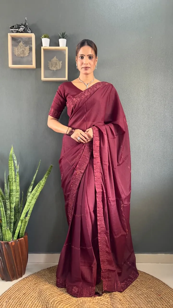 Maroon ready to wear Swarovski saree with waist belt pre stitched pleats party wear saree