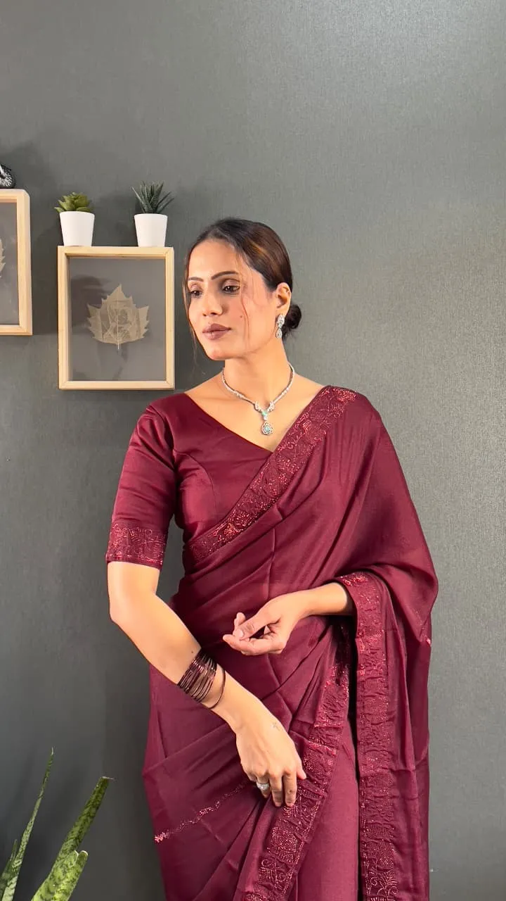 Maroon Ready To Wear Swarovski Saree