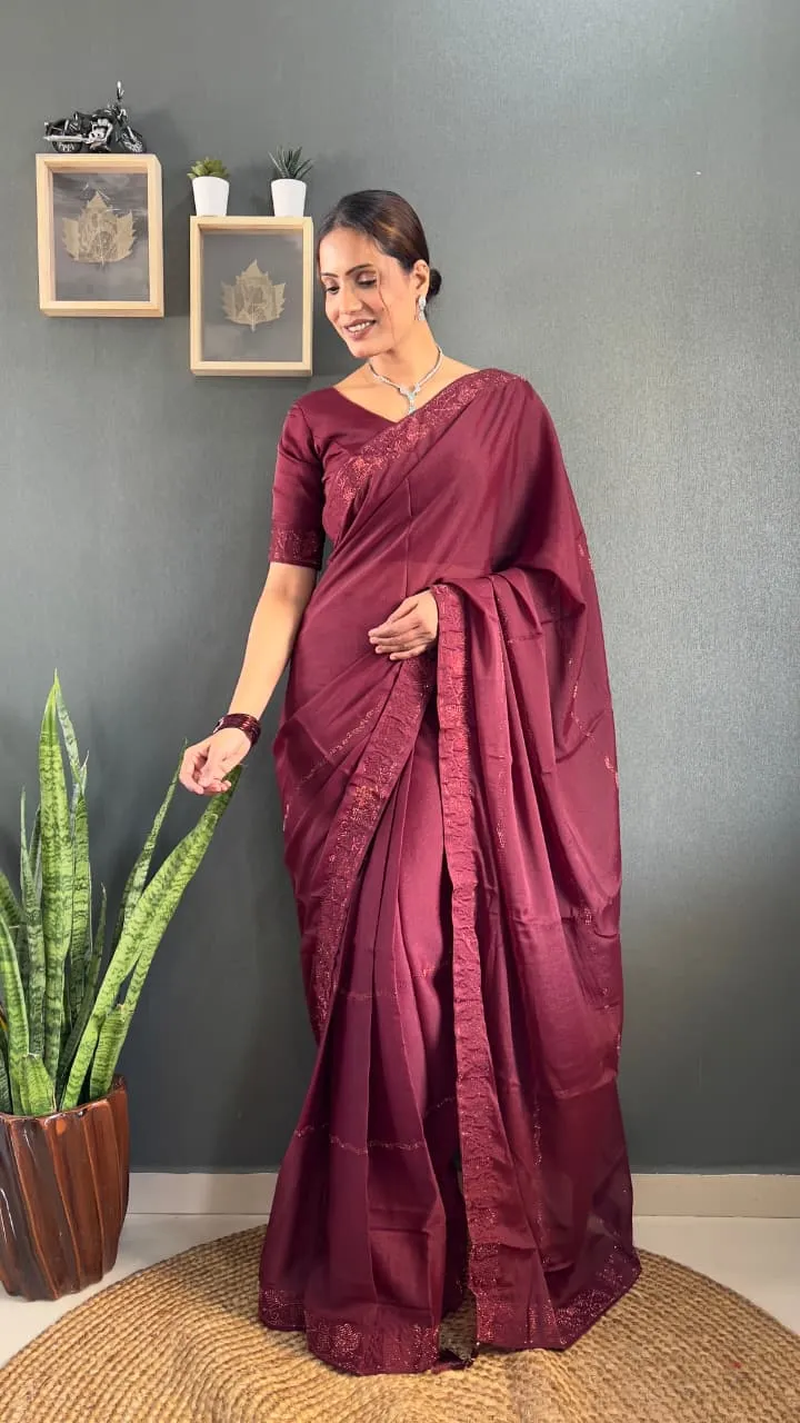 Maroon Ready To Wear Swarovski Saree