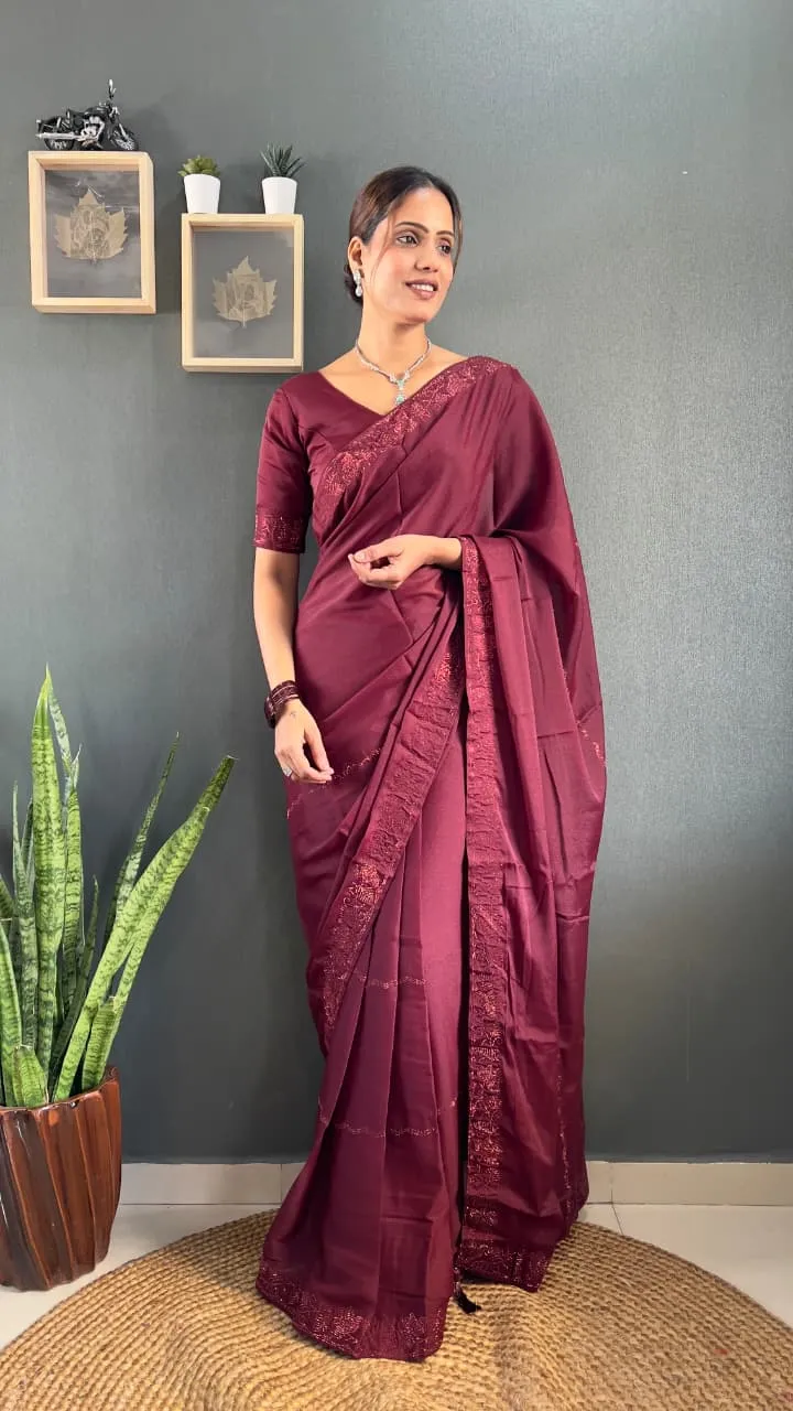 Maroon Ready To Wear Swarovski Saree
