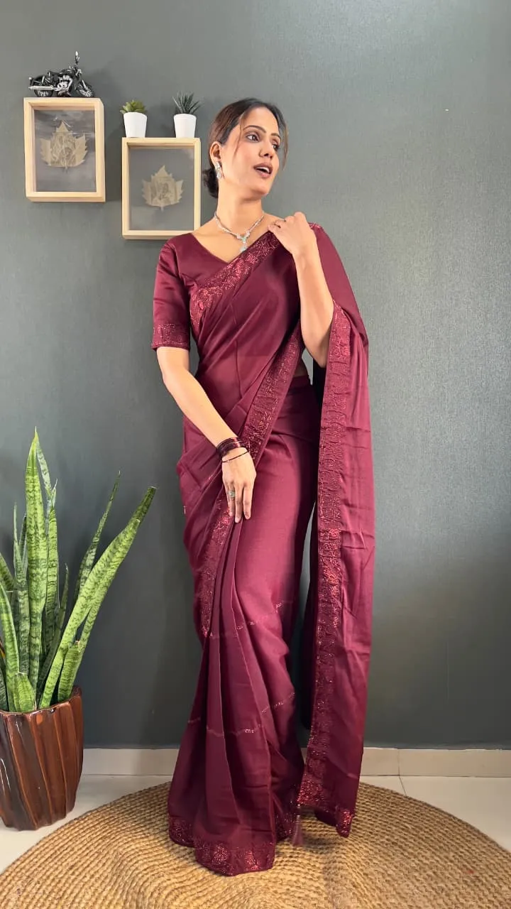 Maroon Ready To Wear Swarovski Saree
