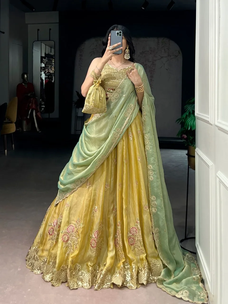 Mustard Yellow Haldi Lehenga Outfit with dupatta and embroidered blouse for wedding wear