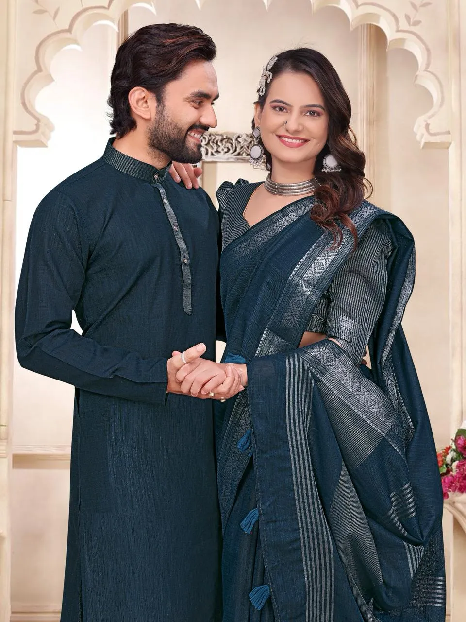 Navy Blue Linen Couple Combo unstitched saree with kurta set matching ethnic wear for couples