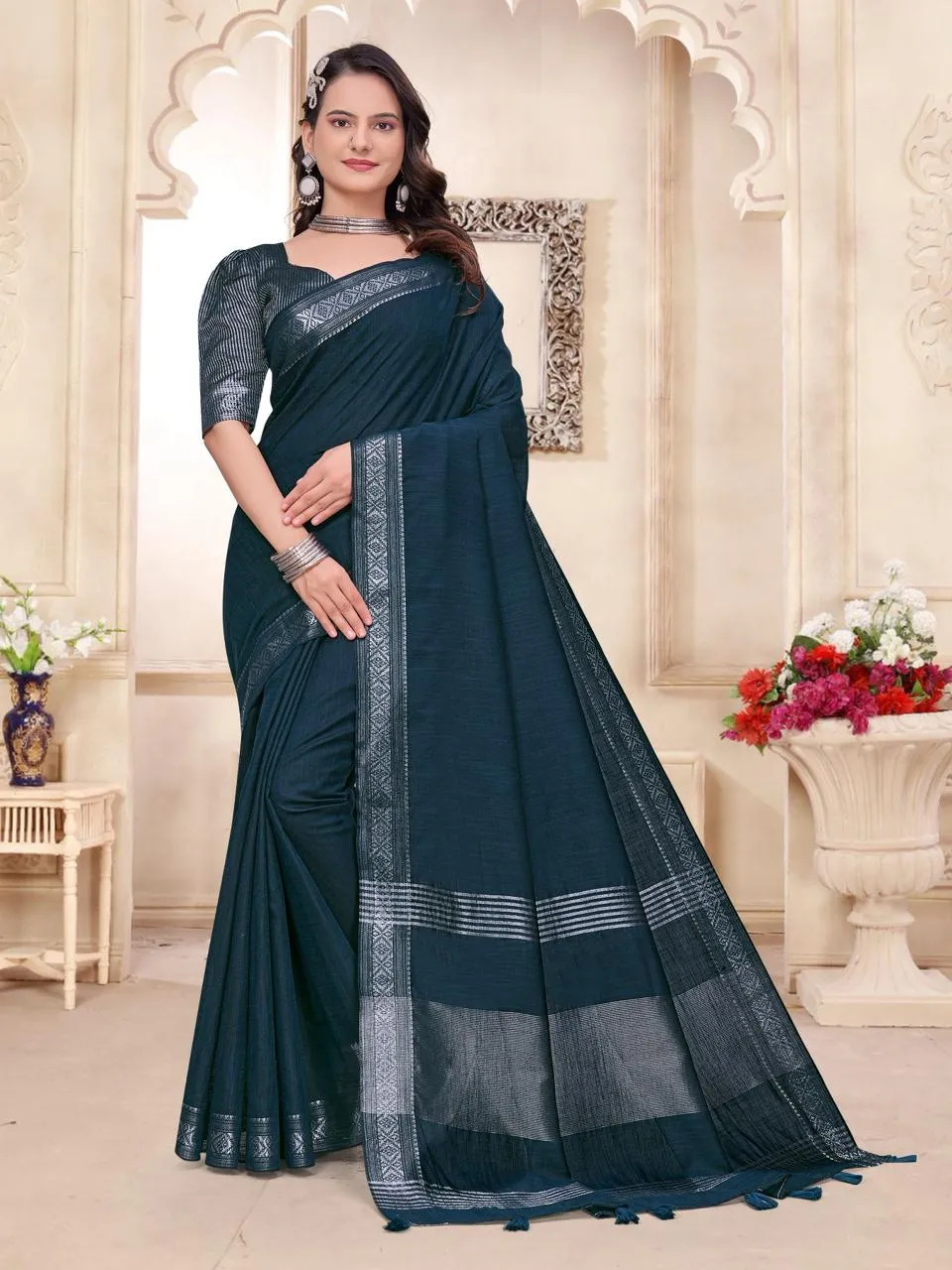 Navy Blue Linen Couple Combo Saree with Kurta Set
