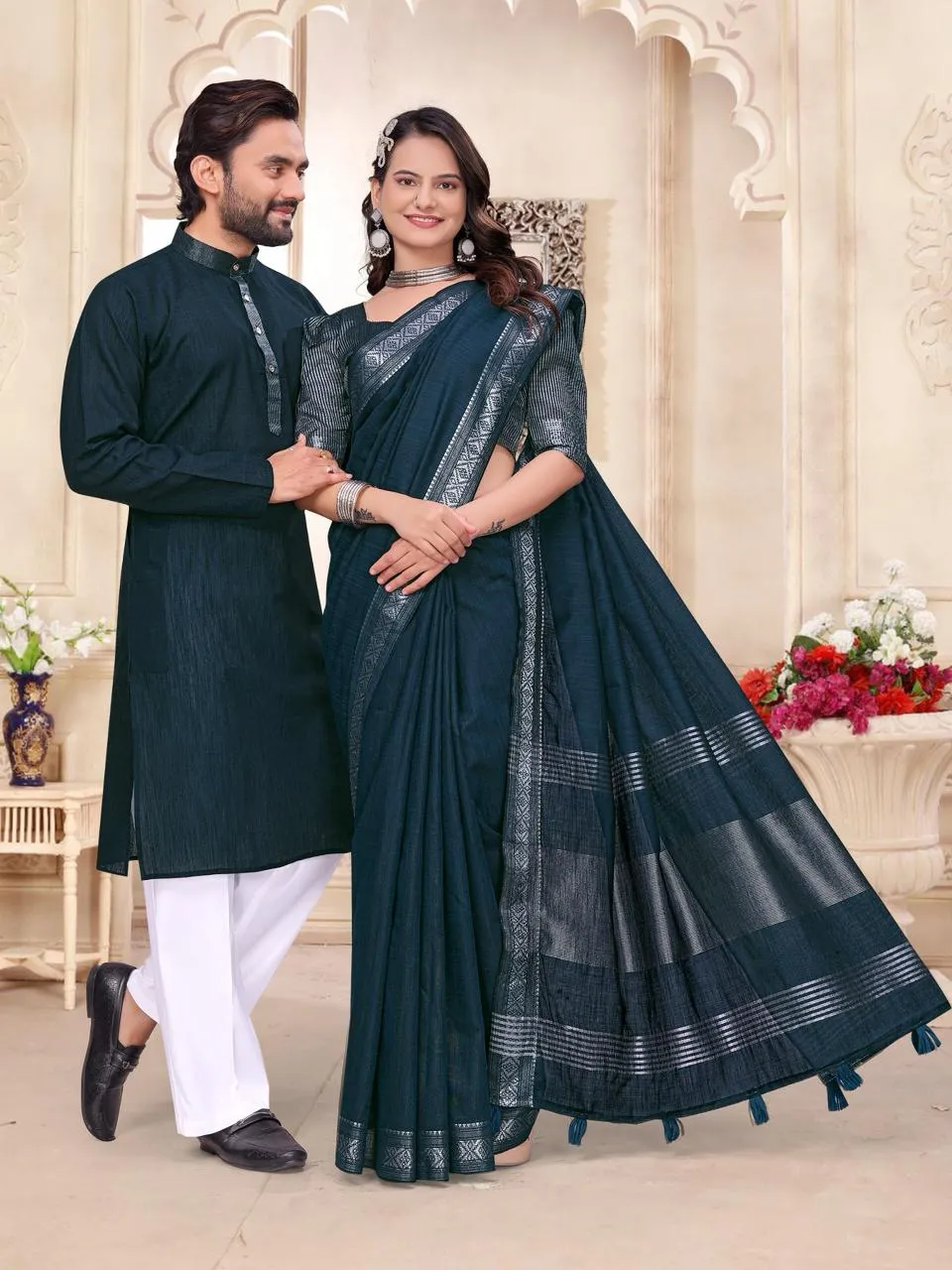Navy Blue Linen Couple Combo Saree with Kurta Set