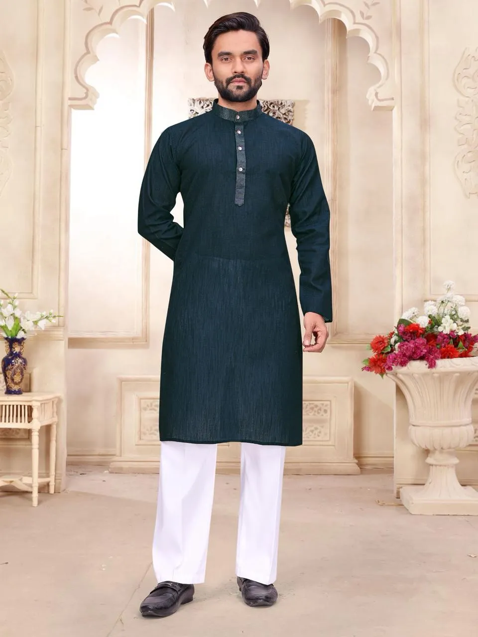 Navy Blue Linen Couple Combo Saree with Kurta Set