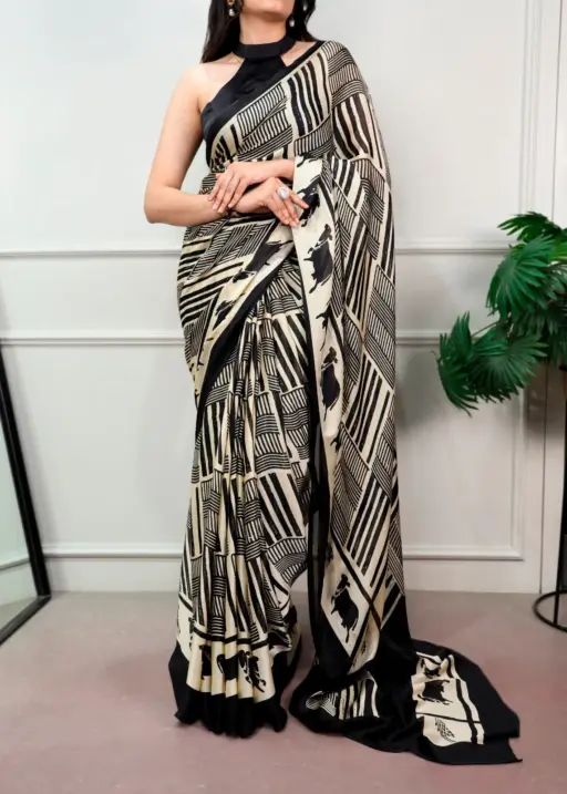 Night Party Black Cream Printed Designer Saree