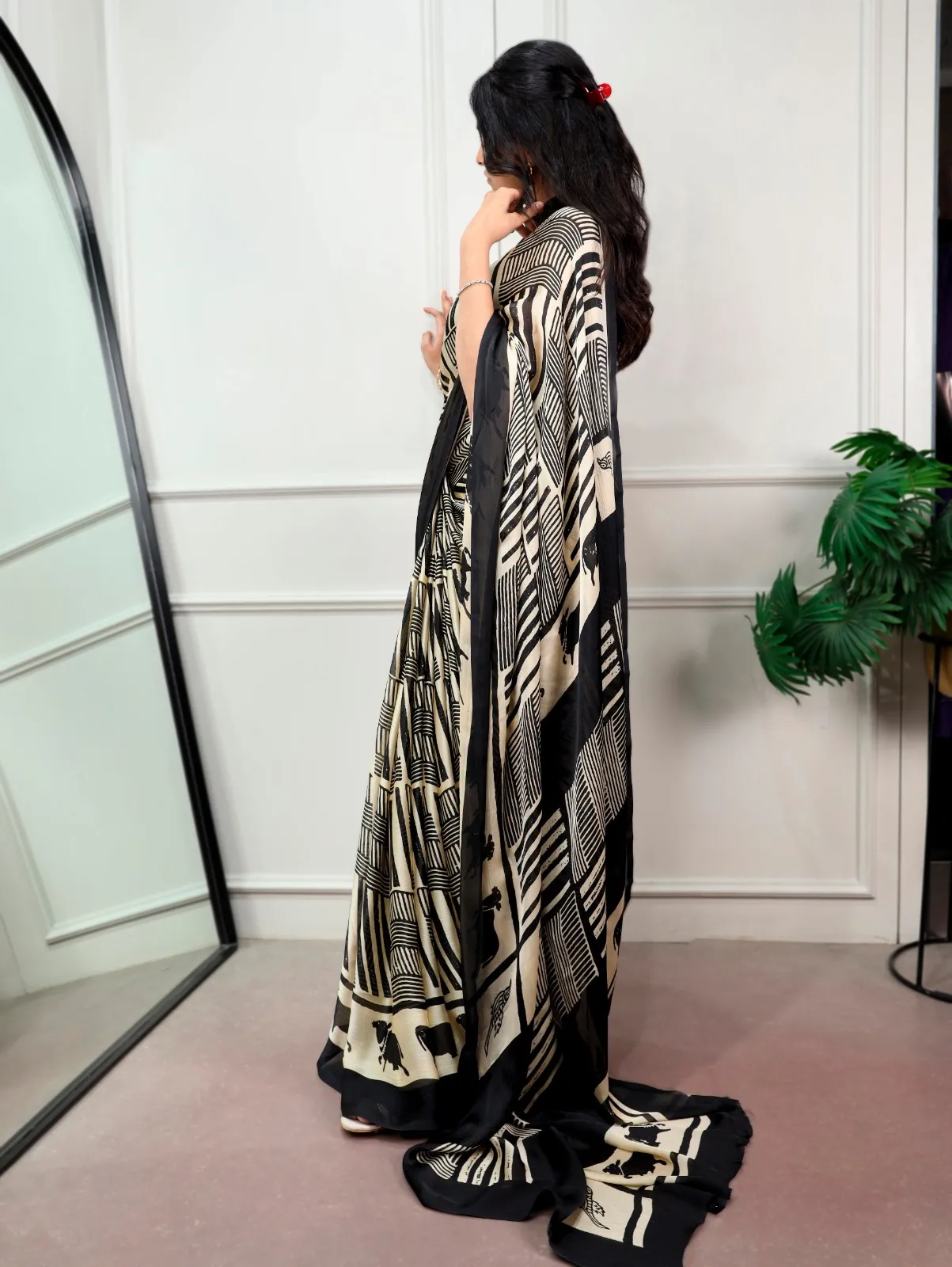 Night Party Black Cream Printed Designer Saree
