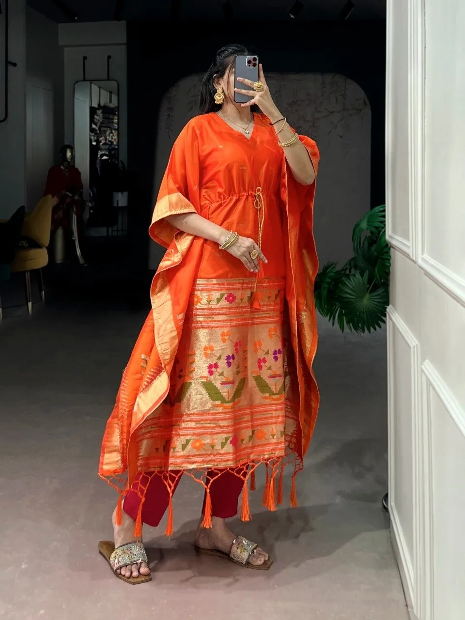 Orange Kaftan in Jacquard Silk