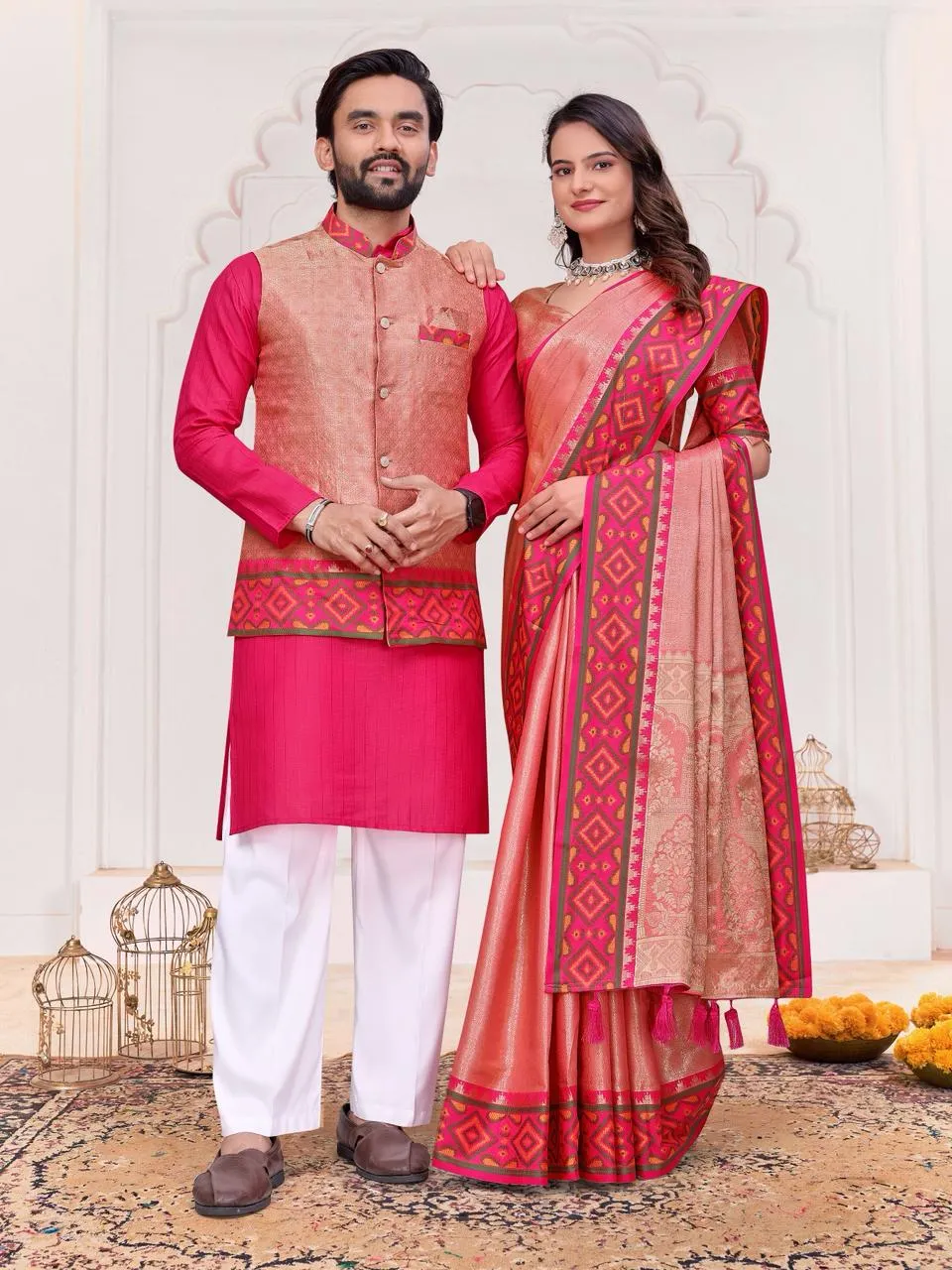 Peach Pink Couple Combo unstitched saree with kurta set matching festive ethnic wear for couples