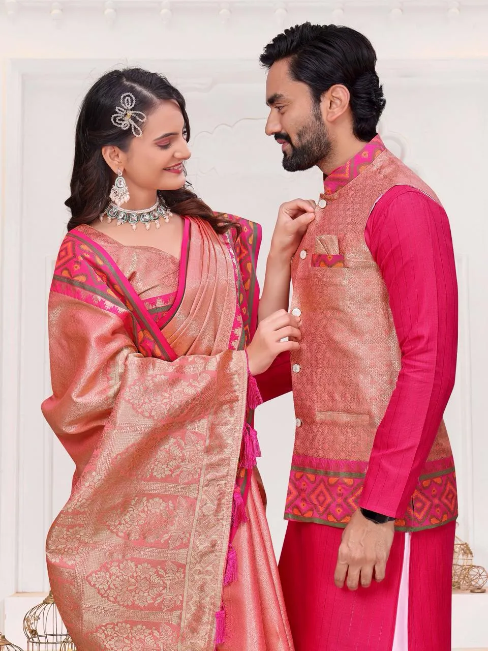 Peach Pink Couple Combo Saree with Kurta Set