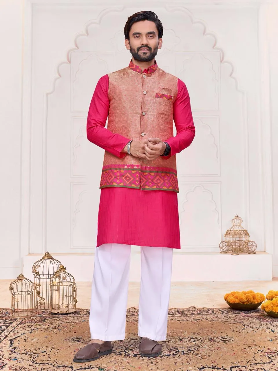 Peach Pink Couple Combo Saree with Kurta Set