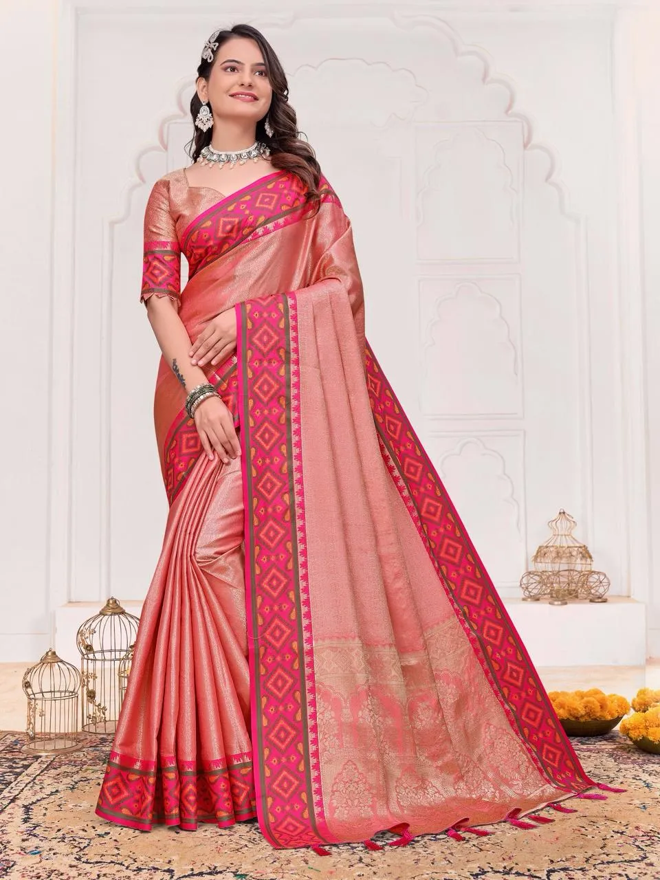 Peach Pink Couple Combo Saree with Kurta Set