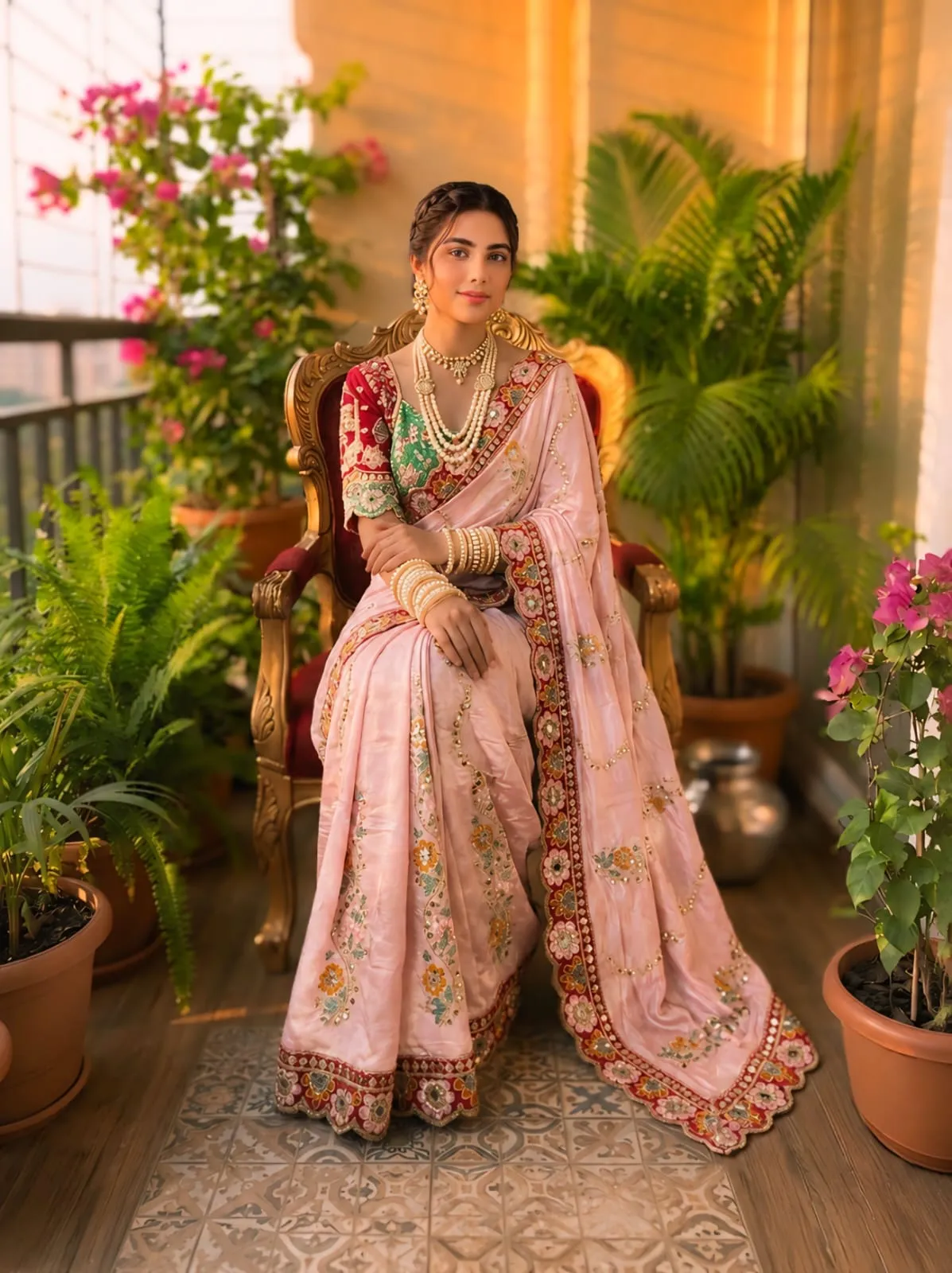 Pink Wedding Saree with Multi Color Embroidery Readymade Blouse in soft rangoli silk with mirror and sequence work