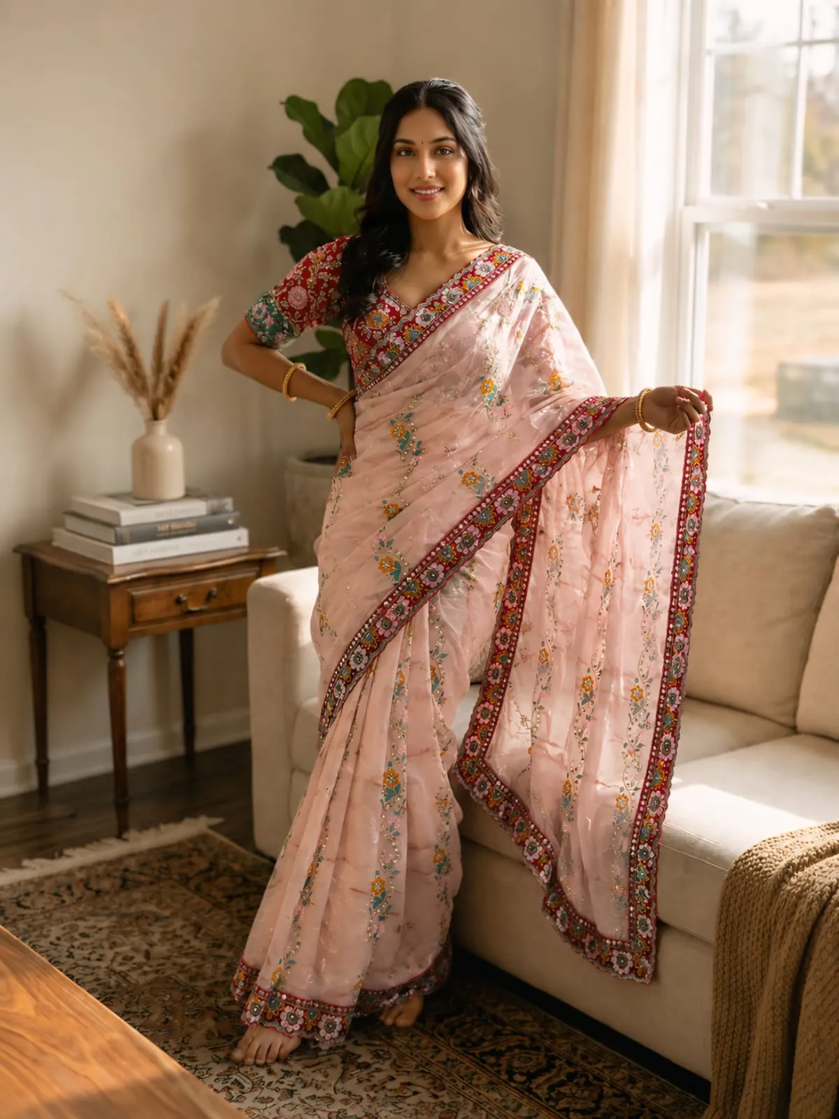 Pink Wedding Saree with Multi Color Embroidery Readymade Blouse