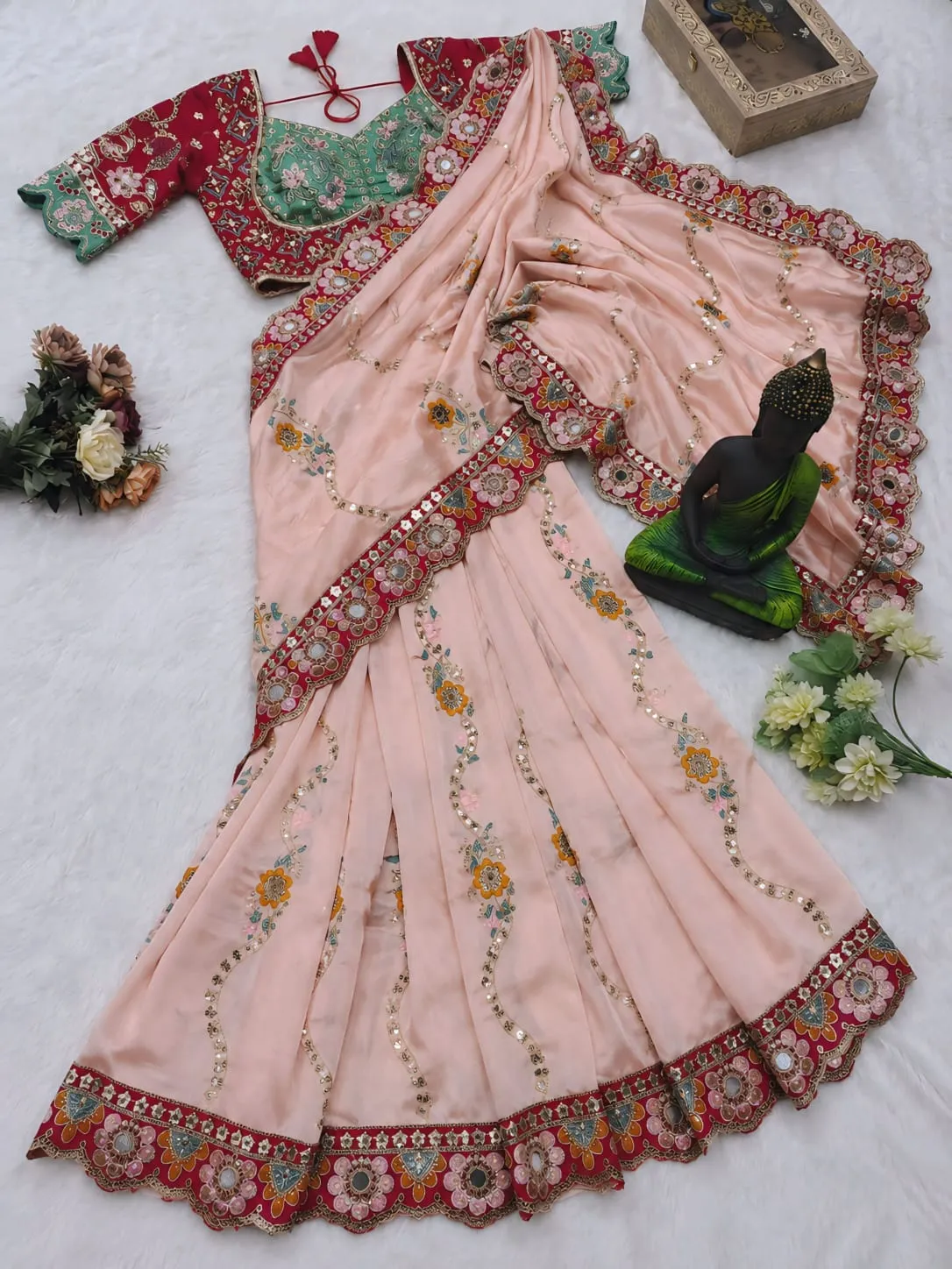Pink Wedding Saree with Multi Color Embroidery Readymade Blouse