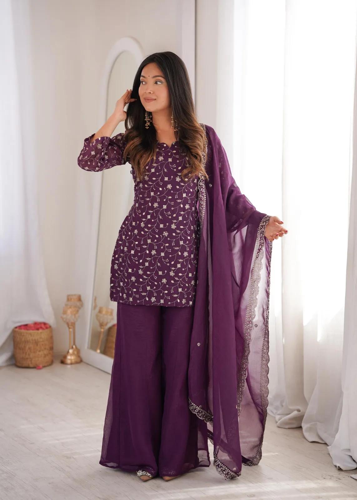 Purple Ladies Bell Bottom Pattern Embroidery Suit with Dupatta for Women
