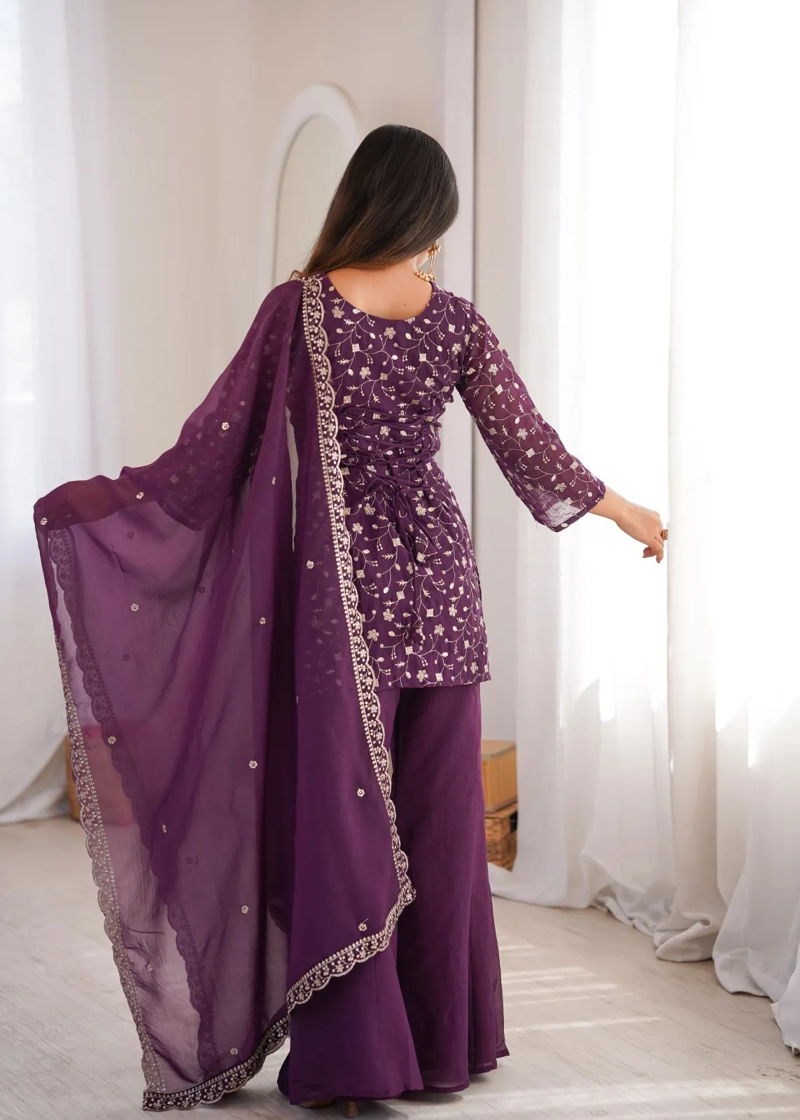 Purple Ladies Bell Bottom Pattern Embroidery Suit