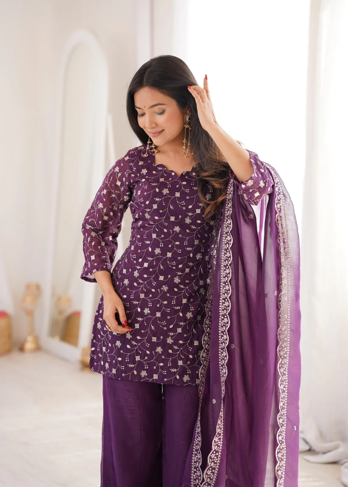 Purple Ladies Bell Bottom Pattern Embroidery Suit