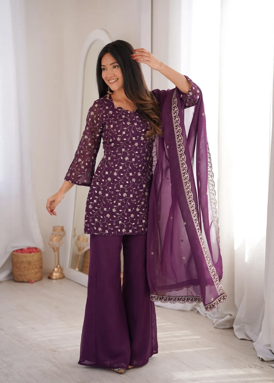 Purple Ladies Bell Bottom Pattern Embroidery Suit