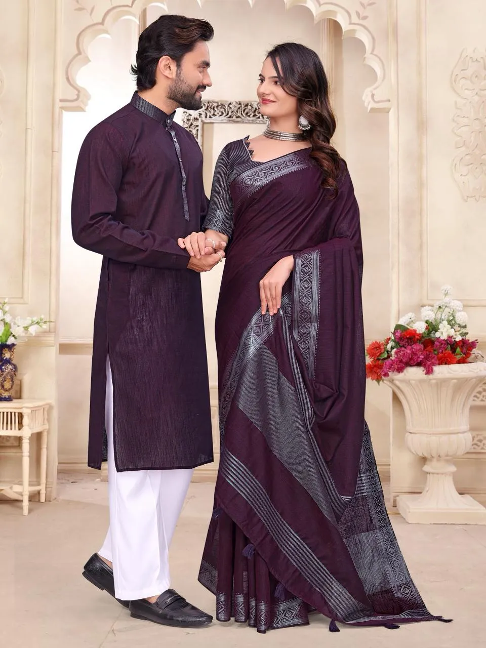 Purple Linen Couple Combo unstitched saree with kurta set matching ethnic wear for couples