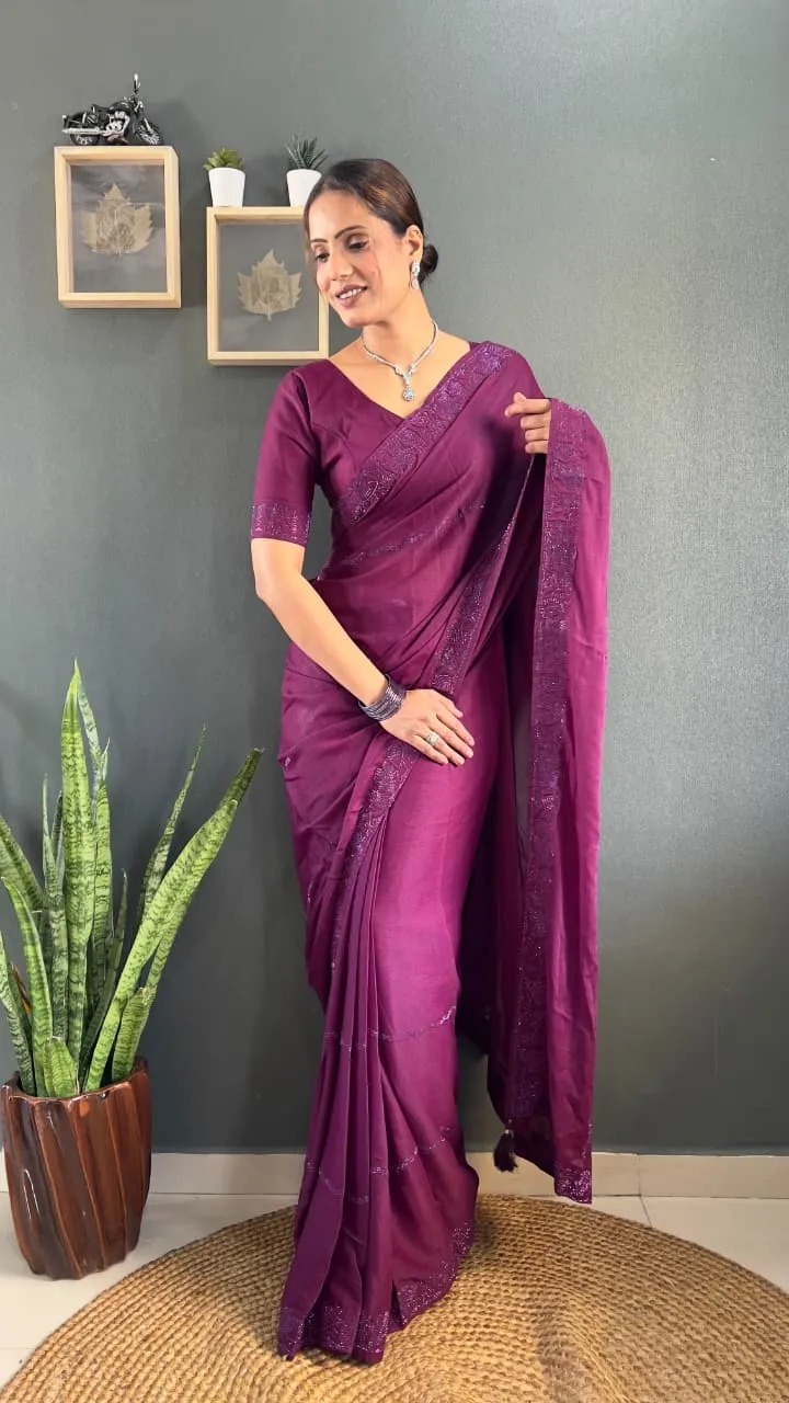 Purple ready to wear Swarovski party saree with waist belt pre stitched pleats designer saree