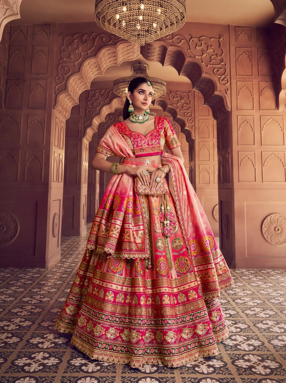 Rani Color Banarasi Silk Bridesmaid Lehenga with Swarovski and Zari Weaving Work for Wedding Wear