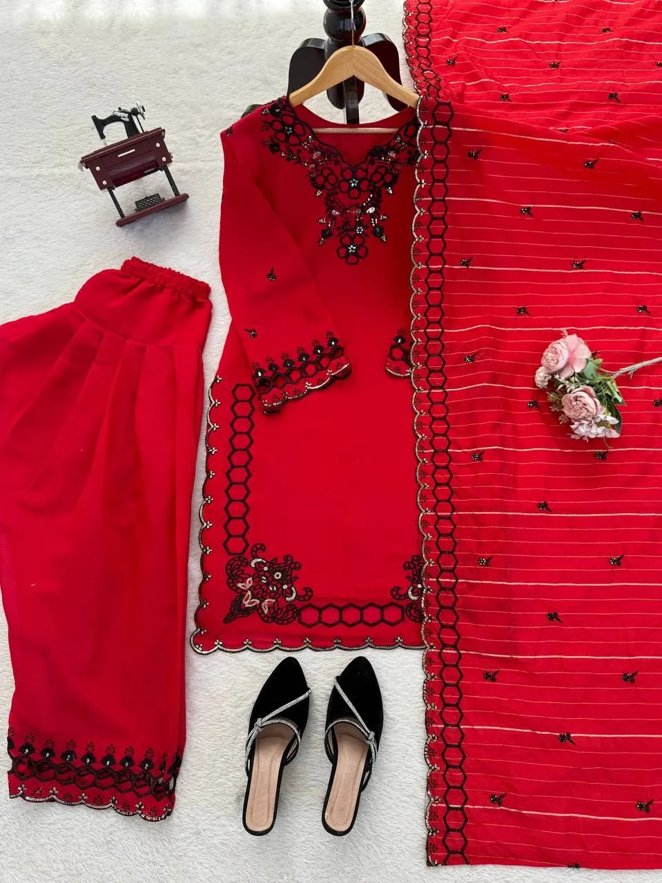 Red Color Pakistani Cut Work Salwar Suit