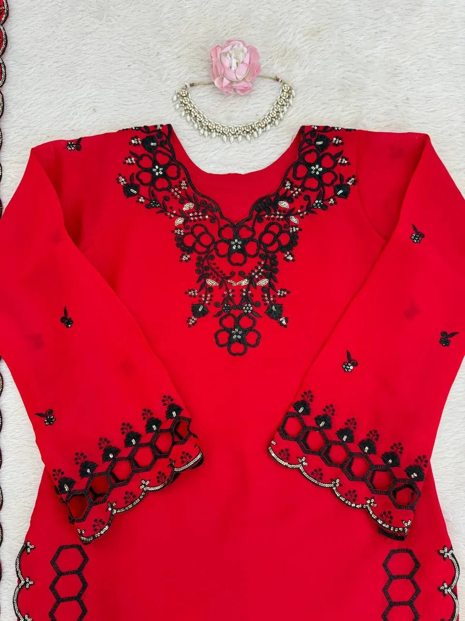 Red Color Pakistani Cut Work Salwar Suit