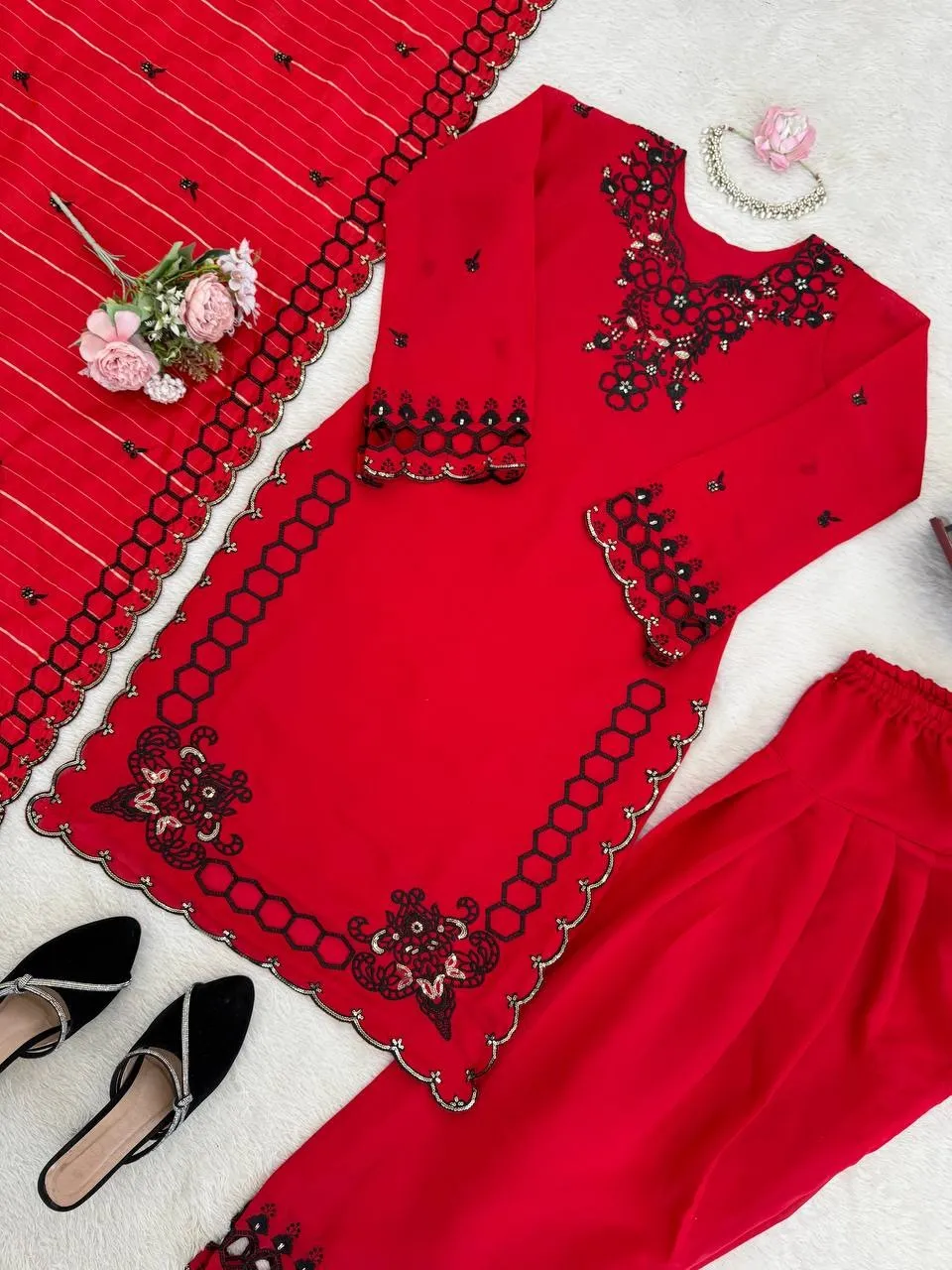 Red Color Pakistani Cut Work Salwar Suit