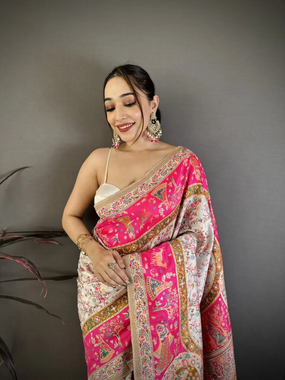 Red meenakari Pashmina Kashmiri Saree