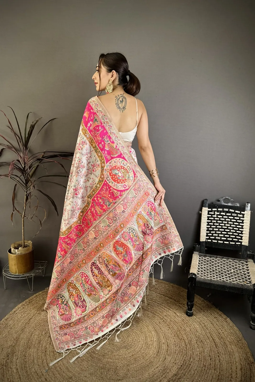 Red meenakari Pashmina Kashmiri Saree