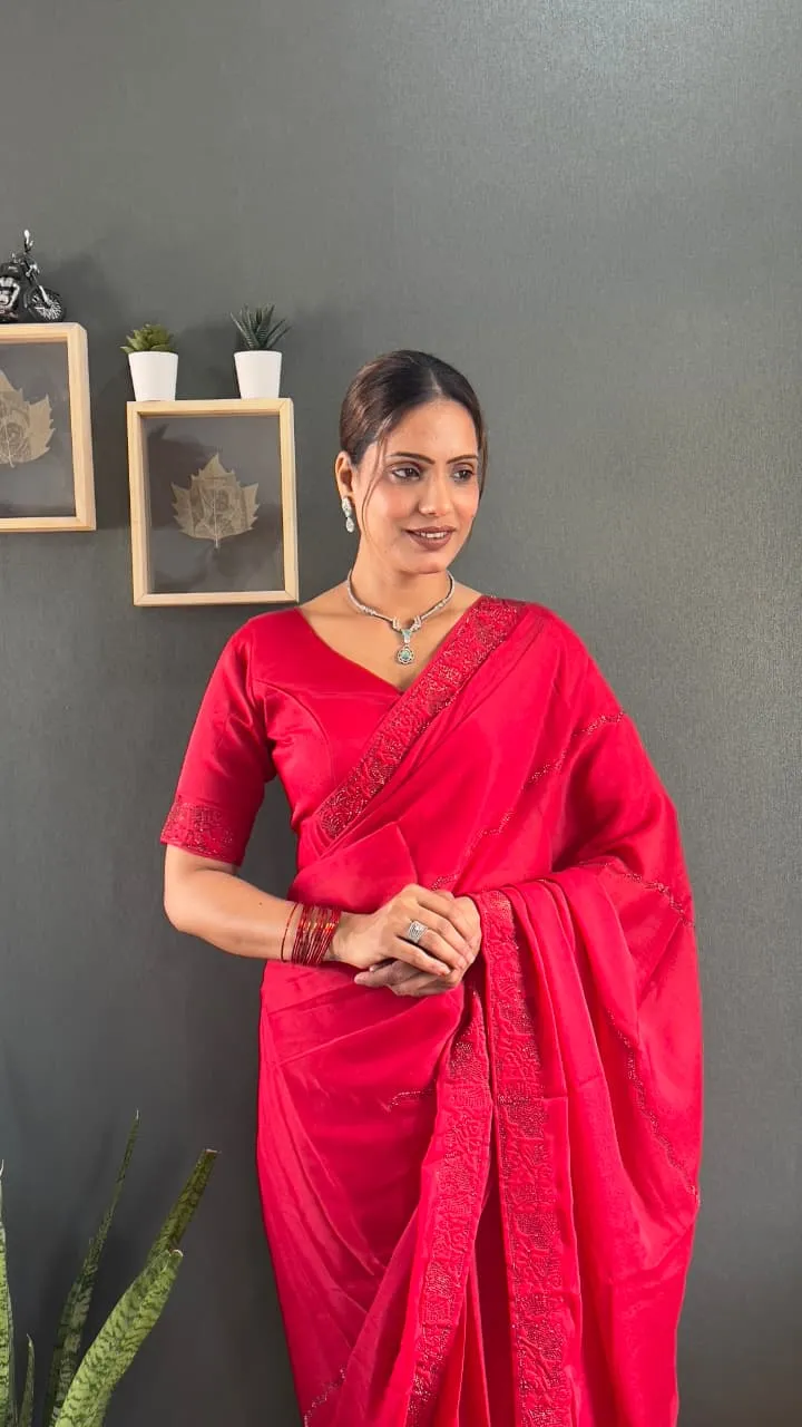 Red ready to wear Swarovski party saree with waist belt pre stitched pleats designer saree