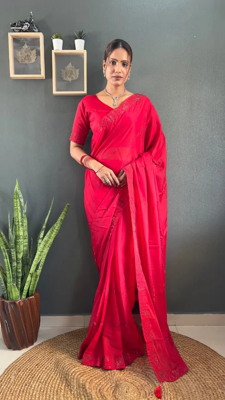 Red Ready To Wear Swarovski Party Saree