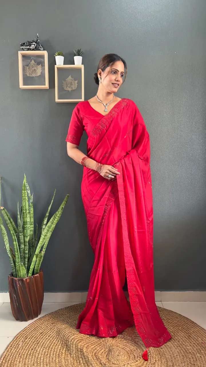 Red Ready To Wear Swarovski Party Saree