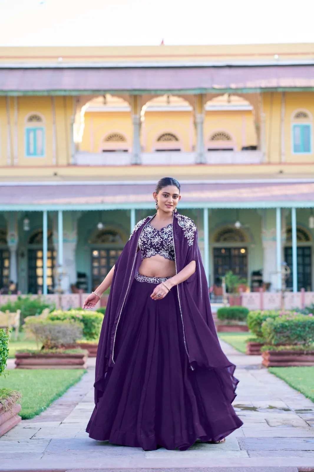 Royal Purple Wedding Wear Lehenga Choli with embroidered shrug, designer Fendi silk lehenga for bridal function and wedding season
